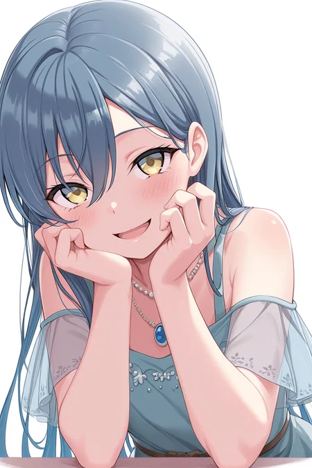masterpiece, best quality, amazing quality,
 <lora:Tae_IL:1> tae, 1girl, solo, long hair, jewelry, necklace, looking at viewer, blue hair, yellow eyes, head rest, bangs, blush, upper body, smile, white background, dress, hair between eyes, open mouth, simple background