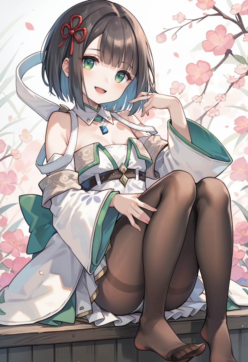 (score_9:0.9),score_8_up,score_7_up,rating_safe,anime style,(zPDXL),<lora:Xb3 miyabi ponyXL v1:0.77>,miyabi xb3, white detached sleeves, white dress, white detached collar, red hair ornament, 1girl, solo, sitting, looking at viewer, blush, open mouth, black pantyhose, smile, no shoes, feet