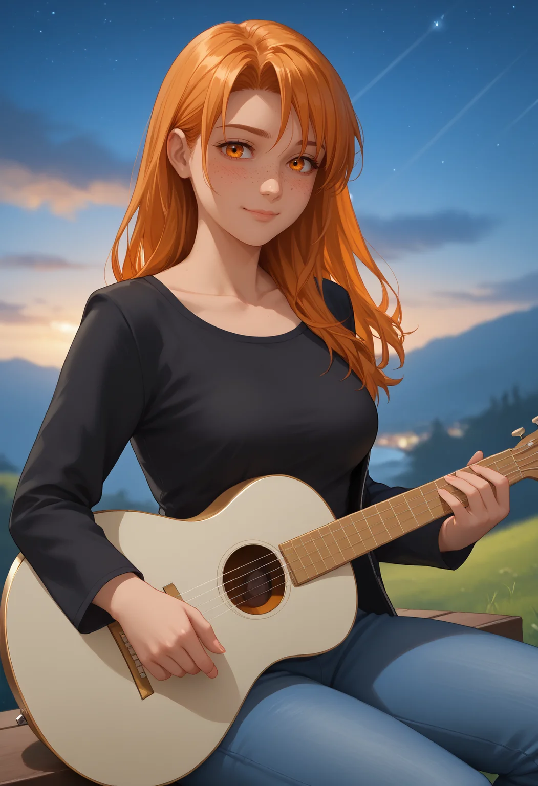 score_9, score_8_up, score_7_up,
best quality, masterpiece, ultra detailed, aesthetic,
22 years old, 168 cm height,
<lora:Expressive_H:1>, light smile, closed mouth, blush, mature face, cute make-up,
looking at viewer, solo focus,
<lora:Everlasting_Summer_Alisa_by_GraffMetal:0.7>, aliska, orange hair, long hair, right side bangs, orange eyes, face freckles, body freckles, medium breasts, dark-skinned female, dark skin, 1girl, solo,
instrument, jacket, pants, bottle, denim, shirt, jeans, black shirt, sitting, playing instrument, leather jacket, stage(place), collarbone, black jacket, outdoors, blue pants, long sleeves, music,
amazing background, night, stars, clouds, sky, depth of field, blurry, blurry background, cozy, cinematic,
<lora:Better_Quality_by_GraffMetal_V2.1_Style:0.7>,
<lora:Everlasting_Summer_Vanilla_Style_by_GraffMetal_3.0:0.5>,