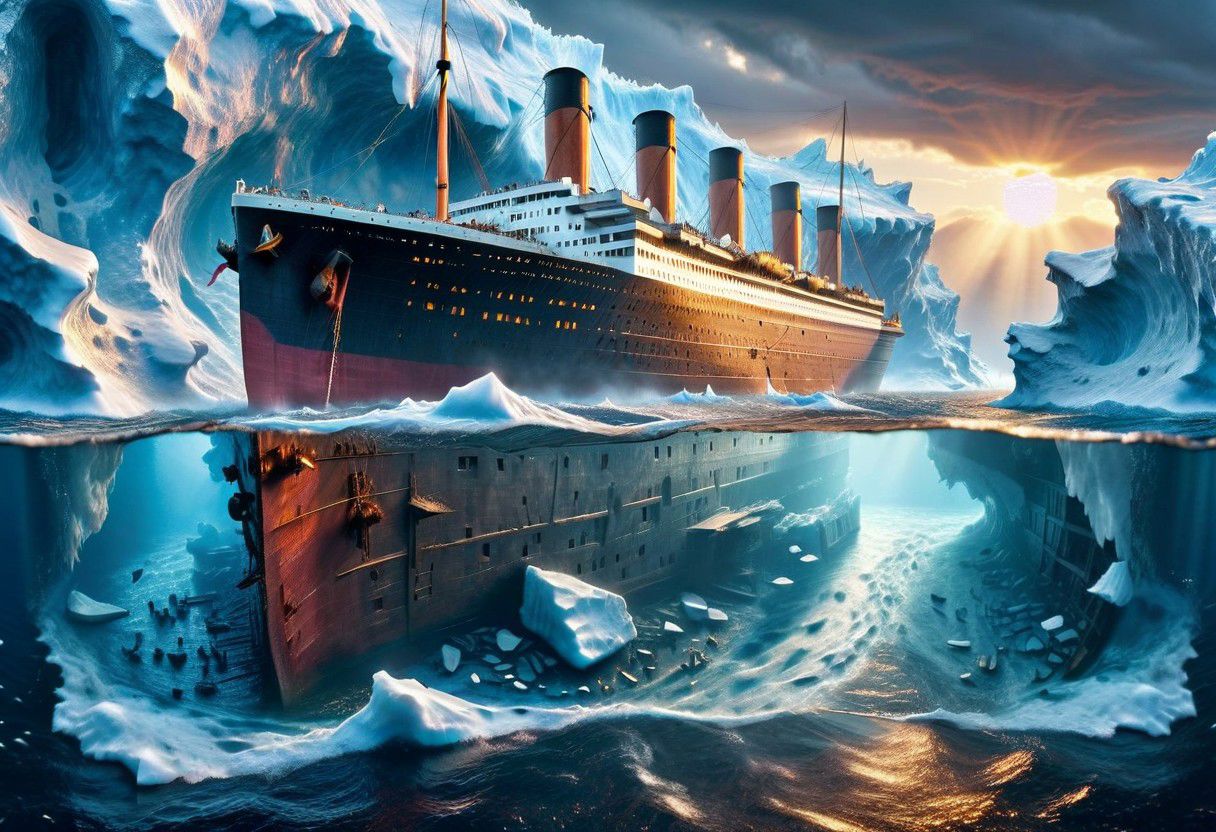 (split-level photography of the legendary Titanic + the colossal iceberg in its path) underwater you can see the epic dimensions of the iceberg, only the tip of the iceberg rises out of the water,, Realistic surface textures of the ship gleam with a metallic shimmer, By Hans-Werner Sahm and Marc Adamus. 64K, UHD, HDR, ethereal atmosphere, vibrant colors, surreal details.