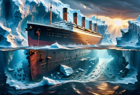 (split-level photography of the legendary Titanic + the colossal iceberg in its path) underwater you can see the epic dimensions of the iceberg, only the tip of the iceberg rises out of the water,, Realistic surface textures of the ship gleam with a metallic shimmer, By Hans-Werner Sahm and Marc Adamus. 64K, UHD, HDR, ethereal atmosphere, vibrant colors, surreal details.