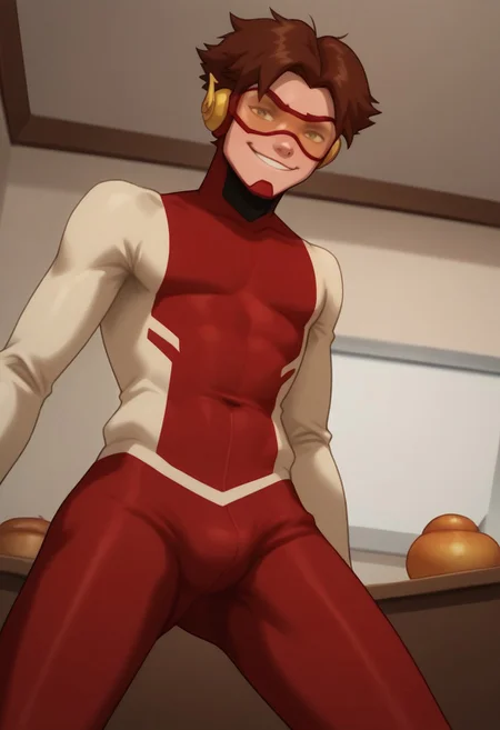 score_9, score_8_up, score_7_up, highly detailed, cute boy, 1boy, solo, Impulseyj, red framed goggles yellow lenz, red and white bodysuit, brown hair, smug smile, from below, looking down at viewer,