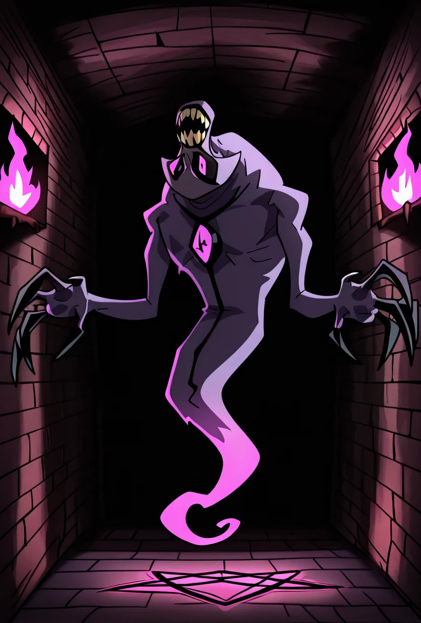 <lora:zskayr-10:1> zskayr, no humans, solo, monster, teeth, black claws, pokemon (creature), single purple eye, , purple skin, sharp teeth, , black sclera,, ghost tail, full body, no legs, dynamic pose, <lora:sakfsdajfkasd:1> alpharecdyt, pentagram, purple flames, demon, dark cult, inside basement, horror,, masterpiece, best quality, amazing quality, very aesthetic, absurdres, newest,