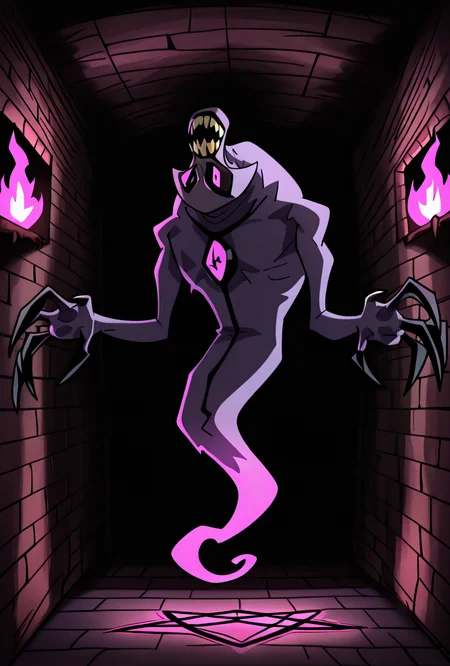 <lora:zskayr-10:1> zskayr, no humans, solo, monster, teeth, black claws, pokemon (creature), single purple eye, , purple skin, sharp teeth, , black sclera,, ghost tail, full body, no legs, dynamic pose,   <lora:sakfsdajfkasd:1> alpharecdyt, pentagram, purple flames, demon, dark cult,  inside basement, horror,, masterpiece, best quality, amazing quality, very aesthetic, absurdres, newest,