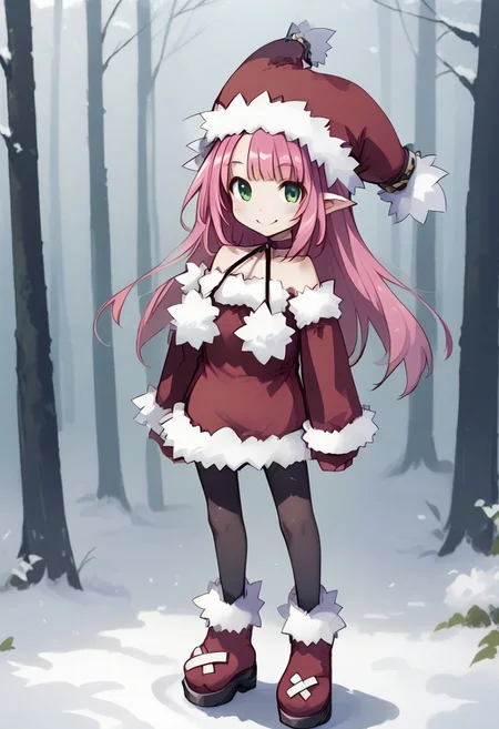 1girl_Witch, solo,pink hair,long hair,green eyes,fur-trimmed sleeves, hat, pantyhose, fur-trimmed dress, fur-trimmed red clothes, fur-trimmed headwear, fur-trimmed boots , red footwear, bare shoulders, pom pom \(clothes\), choker, detached sleeves ,forest,day,,score_9, score_8_up, score_7_up, ,smile,cheek,