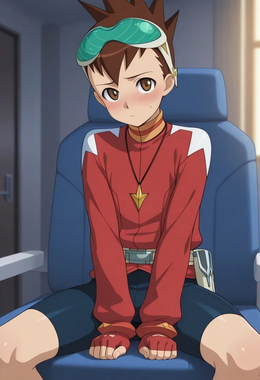 masterpiece, best quality, amazing quality, very aesthetic, high resolution, ultra-detailed, absurdres, newest, highest detailed
geo_stelar, brown hair, brown eyes, goggles on head, red jacket, necklace, 1boy, male focus, red fingerless gloves, solo, looking at viewer, jewelry, sitting, blush, belt, blue bike shorts,
BREAK, volumetric lighting, detailed background, depth of field