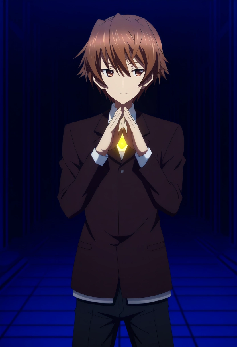 masterpiece, best quality, anime screencap, official style, anime coloring, cowboy shot, 1boy, solo, male focus, <lora:takeya_iizuka_ilxl:0.94>, takeya_iizuka, brown hair, brown eyes, short hair, , neon temple, light shrines, holo-altars, data paths, worship pose, reverent expression, night,