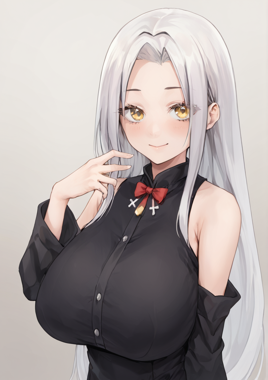 1girl, mare s. ephemeral, huge breast, bare shoulders, black dress, black sleeves, blush, bow, buttons, closed mouth, cowboy shot, cross ornament, detached sleeves, double-parted bangs, dress, eyelashes, eyes visible through hair, grey background, hair between eyes, hair bow, hair ribbon, hand up, long hair, long sleeves, looking at viewer, red bow, red ribbon, ribbon, sleeveless, sleeveless dress, smile, solo, standing, star (symbol), straight hair, very long hair, white bow, white hair, white ribbon, yellow eyes,<lora:fuguta-kemasuo:1>