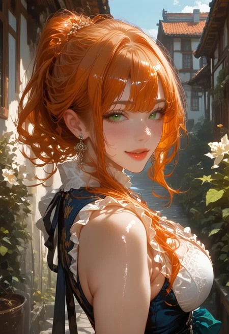 high quality, score_9, score_8_up, score_7_up, score_6_up, 
BREAK, (best quality), (ultra-detailed), (masterpiece), (perfect anatomy), (masterpiece), best quality, expressive eyes, perfect face, 1girl, solo, dress, green_eyes, breasts, flower, ponytail, looking_at_viewer, outdoors, white_dress, smile, long_hair, hair_ornament, orange_hair, bangs, plant, blush, bare_shoulders, day, large_breasts, sunlight, parted_lips, hair_flower, looking_back, sleeveless, sleeveless_dress, frills, sidelocks, building, upper_body
BREAK breasts focus, Scenery,  shiny, curvy