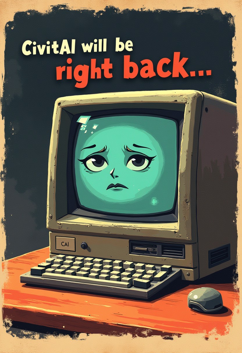 illustration, (50s poster art, masterpiece, detailed:1.3), poster of make AI great again theme, old computer in the center with a sad 8-bit face, across the top and bottom says "CivitAI will be right back..."