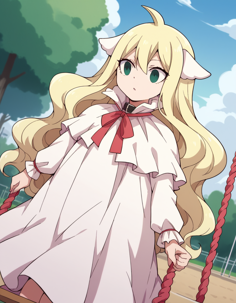 score_9, score_8_up, score_7_up, source_anime, <lora:mavis-vermillion-anime-ponyxl-lora-nochekaiser:1>, mavis, long hair, blonde hair, green eyes, ahoge, wavy hair, animal ears,, dress, white dress, collar, ribbon, red ribbon, capelet, long sleeves,, public park, playground, swing set, laughter, sunny day, , , hand on hip, solo,, cowboy shot, dutch angle
