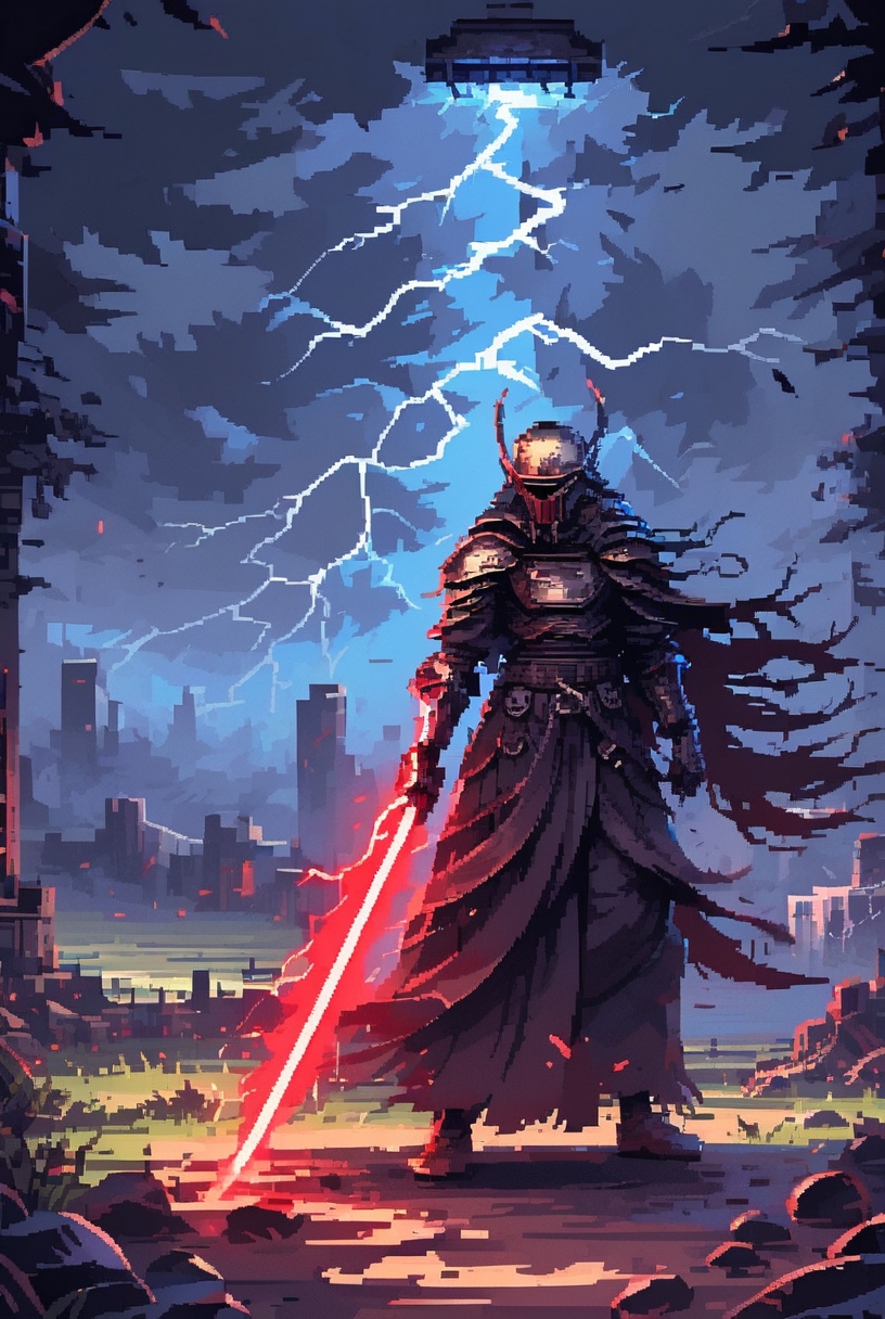(7-DarthRevan holding lightsaber), micro photography, standing, battle stance, sword,  detailed helmet, thunderstorm, blue lightning all around, huge waves
pixel art
<lora:d3p1x3lXLP:1>  <lora:Darth Revan PONY v1.0:1>