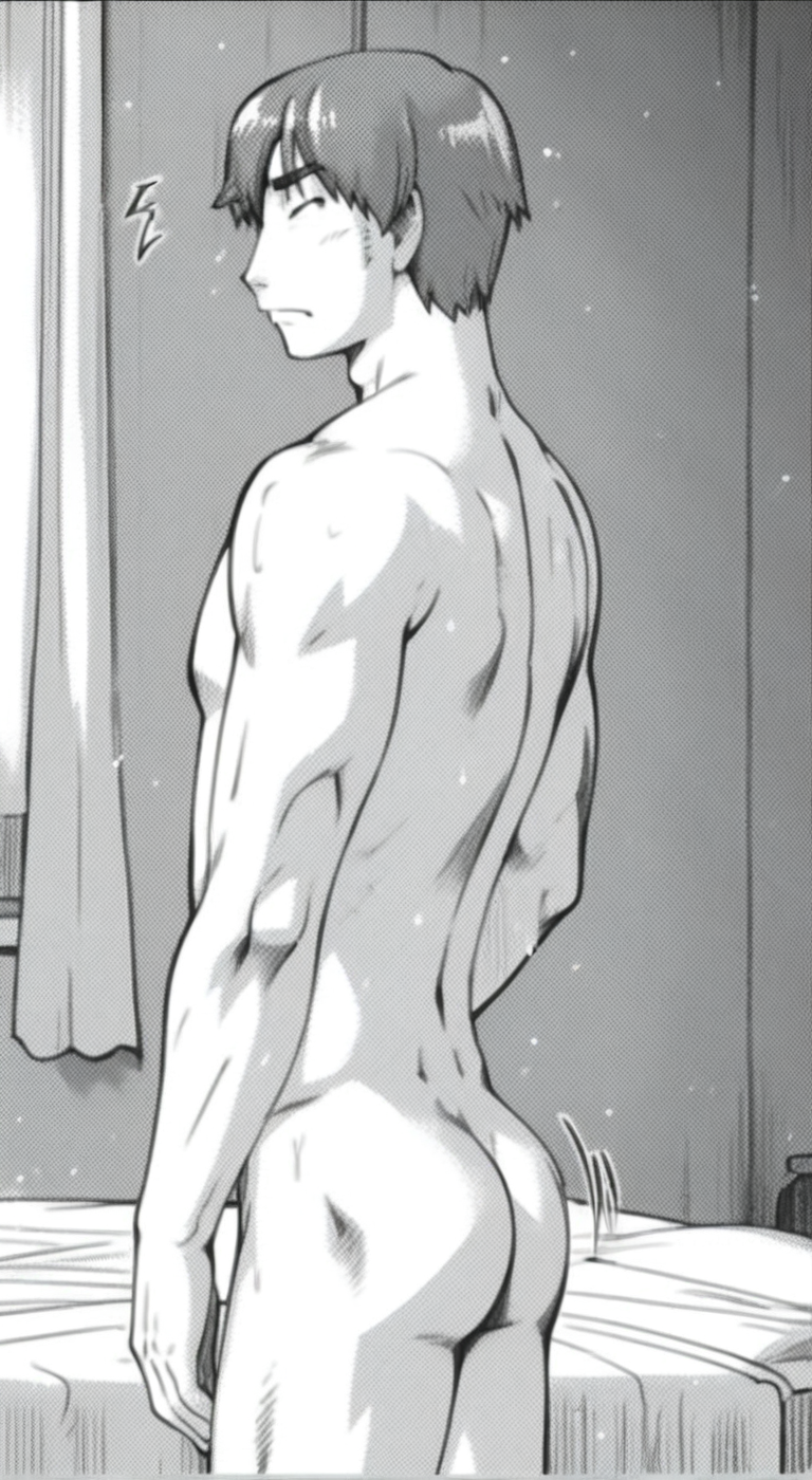 score_9, score_8_up, score_7_up, anime_source, official artstyle, anime screencap, highly detailed, 1boy, perfect composition, good shading, motion lines, movement lines, male focus, 1boy, solo, male focus, completely naked, bare upper body, barechested male, bare lower body, bare legs, thick abs, indoors, bedroom, bed, satoshi mito,brown hair,short hair,fox eyes, standing, visible feet, flaccid penis, foreskin, backside view, defined back muscles, ((butt focus)), ((monochrome))