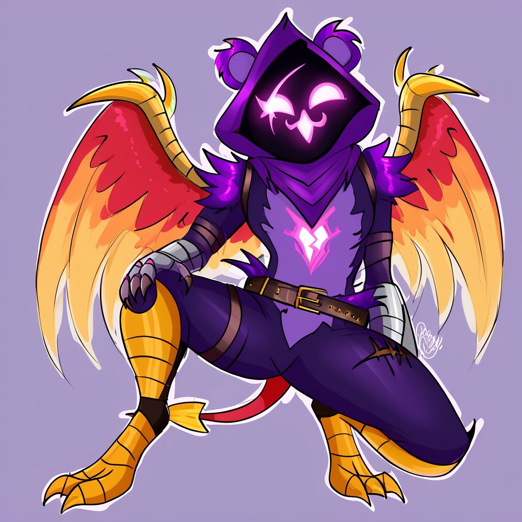 RavenTeamLeaderSDXL,solo,belt,hood,mask,glowing,glowing eyes,purple hood,belt,animal ears,body fur,bodysuit,scar on one eye,dark skin,purple skin,straps,gauntlets,shaded face,:3, Yharon , golden horns, tail, dragon, bird, claws, no human, 4 eyes, feathered wings, talons, sharp teeth, intricate wing details, red and gold scales, glowing emerald eyes, large fiery wings with orange and green feathers,