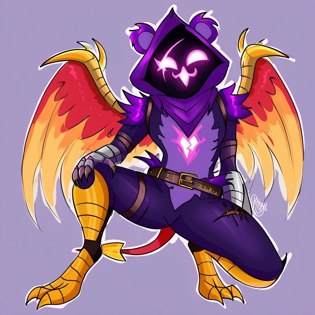 RavenTeamLeaderSDXL,solo,belt,hood,mask,glowing,glowing eyes,purple hood,belt,animal ears,body fur,bodysuit,scar on one eye,dark skin,purple skin,straps,gauntlets,shaded face,:3, Yharon , golden horns, tail, dragon, bird, claws, no human, 4 eyes, feathered wings, talons, sharp teeth, intricate wing details, red and gold scales, glowing emerald eyes, large fiery wings with orange and green feathers,
