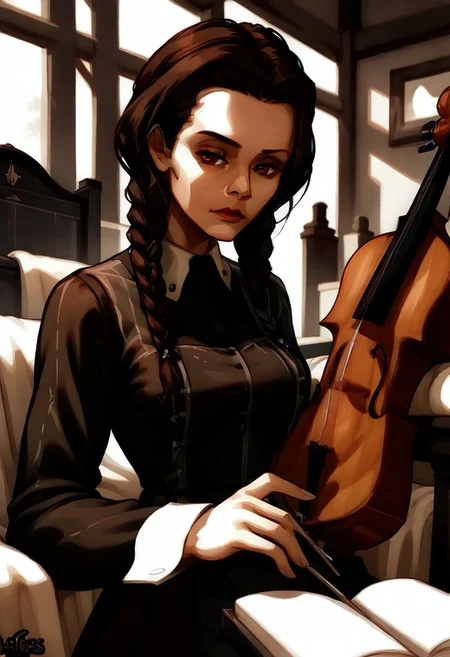 masterpiece, best quality, amazing quality, very aesthetic, 1girl, black hair, twin braids, brown eyes, collared dress, black dress, long sleeves, adult female, mature female, breasts, musical instrument, bagpipes, kilt, plaid,