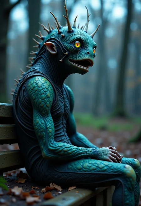 A bizarre monster creature lost it's way, he is sitting alone on a park bench in central park, translucent skin, twilight, magical, w31rd13sfl1