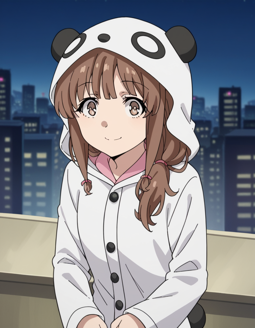 score_9, score_8_up, score_7_up, source_anime, <lora:kaede-azusagawa-s1-ponyxl-lora-nochekaiser:1>, kaede azusagawa, long hair, bangs, brown hair, brown eyes,, animal ears, tail, hood, pajamas, animal hood, animal costume, panda ears,, city skyline, rooftop view, night time, city lights, quiet reflection, smile, looking at viewer, solo,, cowboy shot, dutch angle
