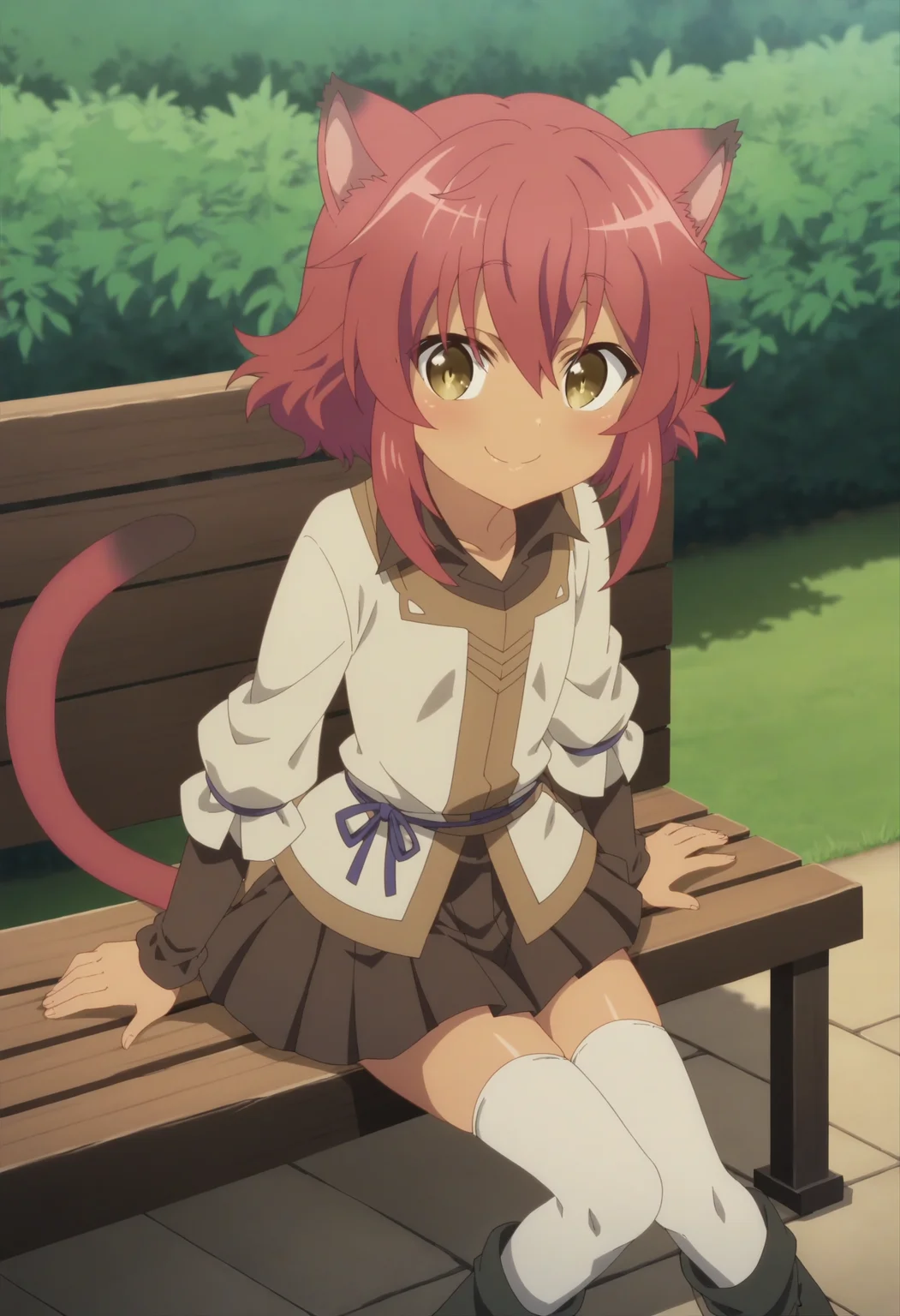 score_9, score_8_up, score_7_up, score_6_up, score_5_up, score_4_up , anime coloring ,BREAK source_anime, anime,screencap,
1girl, solo, choujinroux, layered sleeves, shirt, cat girl, skirt, white thighhighs, boots, <lora:PonyXL Choujin Roux V1:1>
outdoors, park, (sunny day), sitting on bench,
smile, looking at viewer,
