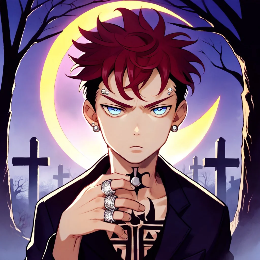 1boy, boy, male, man, Kiyoshi Harai, Twotone hair, two tone hair, red and black hair, blue eyes, tattoos, piercings, rings, earrings, black suit, black clothing, black clothes, solo, perfect anatomy, detailed face, crescent moon, perfect face, detailed eyes, stylish, black trees, black sky, purple skies, gloomy, dark, dread, black trees, dead trees, dark skies, perfection, perfect, highly detailed, HD, perfect eyes, perfect hands, perfect fingers, perfect anatomy, best quality, masterpiece, detailed, clothing, clothes, graveyard background, purple sky, score_9_up, score_8_up, score_7_up