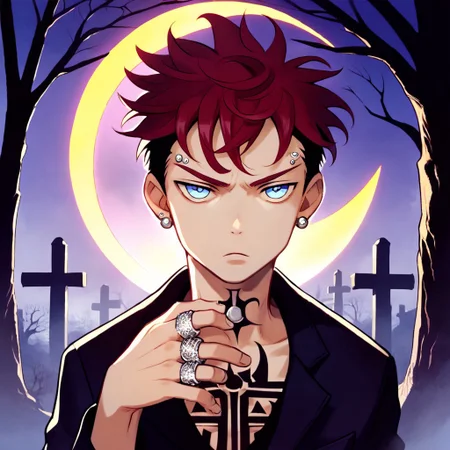 1boy, boy, male, man, Kiyoshi Harai, Twotone hair, two tone hair, red and black hair, blue eyes, tattoos, piercings, rings, earrings, black suit, black clothing, black clothes, solo, perfect anatomy, detailed face, crescent moon, perfect face, detailed eyes, stylish, black trees, black sky, purple skies, gloomy, dark, dread, black trees, dead trees, dark skies, perfection, perfect, highly detailed, HD, perfect eyes, perfect hands, perfect fingers, perfect anatomy, best quality, masterpiece, detailed, clothing, clothes, graveyard background, purple sky, score_9_up, score_8_up, score_7_up