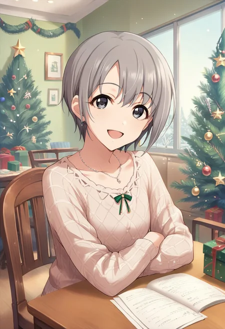 score_9, score_8_up, score_7_up, source_anime, otokura yuuki, short hair, grey hair, black eyes, 1girl, solo, smile, open mouth, chair, looking at viewer, table, christmas tree, indoors, jewelry