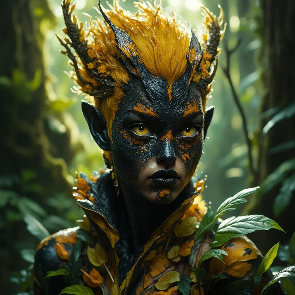Create a hyper-realistic, professional-quality photograph of a young woman with striking black and yellow salamander-like features, set in a wild, natural environment. Her skin is textured like a salamander’s, with bold patterns of glossy black and vibrant yellow that create a mesmerizing, high-contrast appearance. She has strong, piercing yellow eyes that reflect her connection to the wild, and her hair is a vivid, strong yellow, standing out dramatically against the natural surroundings.black light armor,menacing face.
Her clothing is crafted from natural vegetation—leaves, vines, and flowers that are woven together to form a dress, blending seamlessly with the wilderness around her. The setting is deep in a lush forest, surrounded by rich greenery, towering trees, and dappled sunlight filtering through the canopy, casting a soft light on her unique features.
The lighting in the scene is natural, enhancing the glossy texture of her black and yellow skin and the vibrant color of her hair and eyes. The overall composition highlights the harmony between her striking appearance and the wild environment, creating a visually stunning and ethereal image."