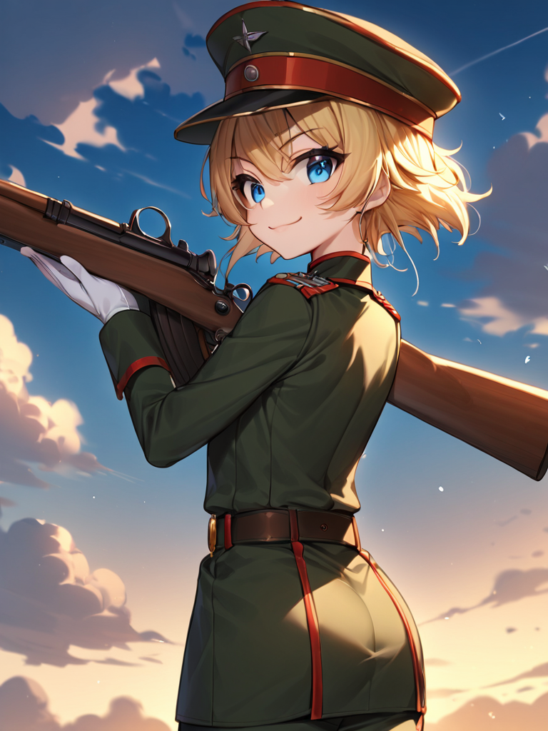 masterpiece,high resolution,
TanyaDegurechaff, tunic, 1girl, solo, looking at viewer, smile, short hair, blue eyes, blonde hair, gloves, hat, holding, weapon, sky, belt, looking back, cloud, from behind, holding weapon, uniform, gun, military, military uniform, peaked cap, rifle, military hat
 <lora:tanya_XL:0.6>