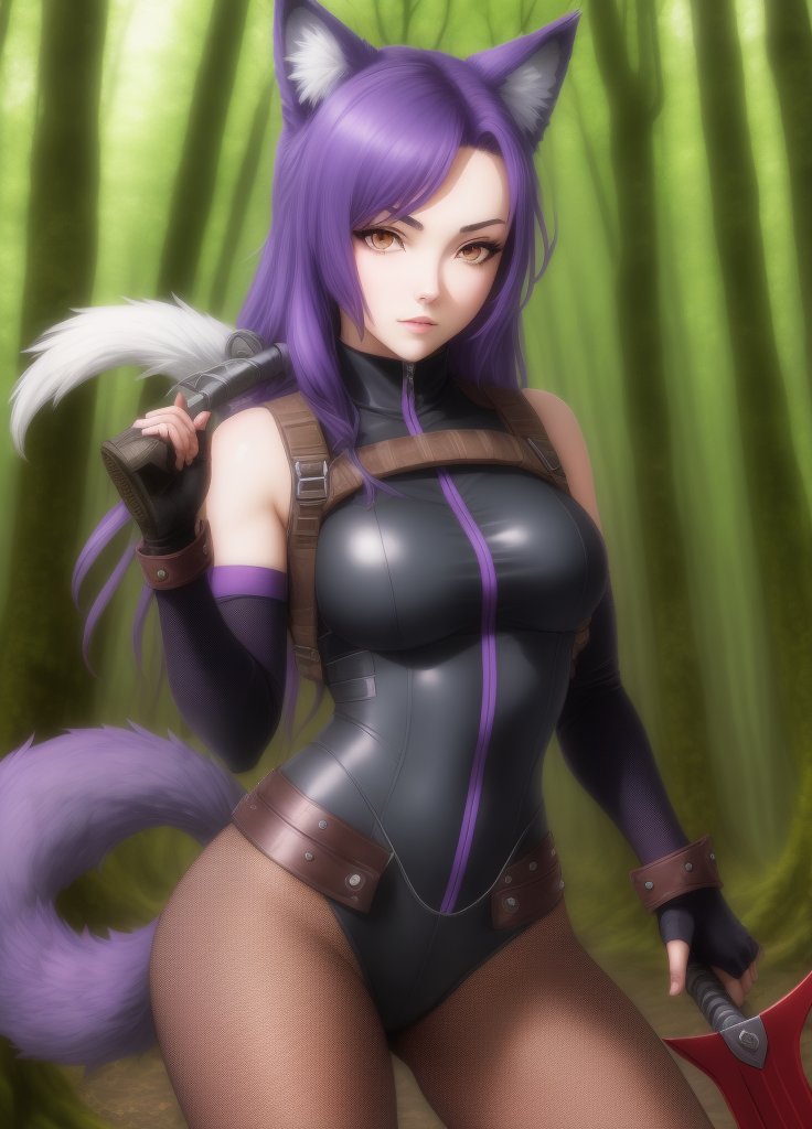 <lora:Kuroinu:1.0>, Kuroinu, 1girl, animal ears, violett eyes, violett hair, blurry, violett bodysuit, fingerless gloves, fishnets, forest, gloves, holding, holding weapon, kunai, long hair, nature, ninja, outdoors, parody, solo focus, tail, tree, weapon, wolf ears, wolf tail,