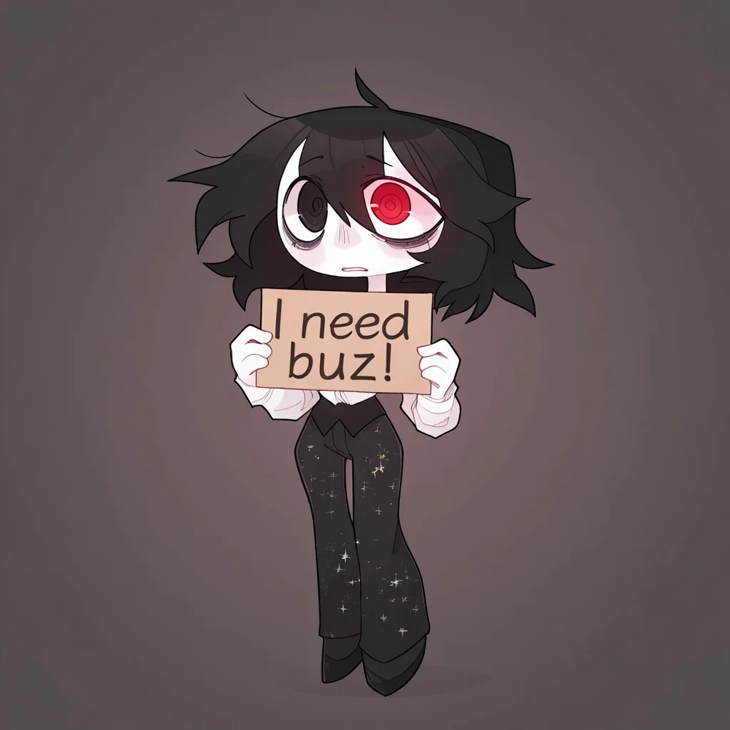 masterpiece, best quality, newest, absurdres, highres, (heterochromia, ringed eyes, black eyes, red eyes), glowing eyes, shirt, solo, white shirt, white skin tone, full body, Black Tuxedo, star print pattern, sinnerpen, tired eyes, black hair, floating in the air, 1male, need_buzz, holding sign,