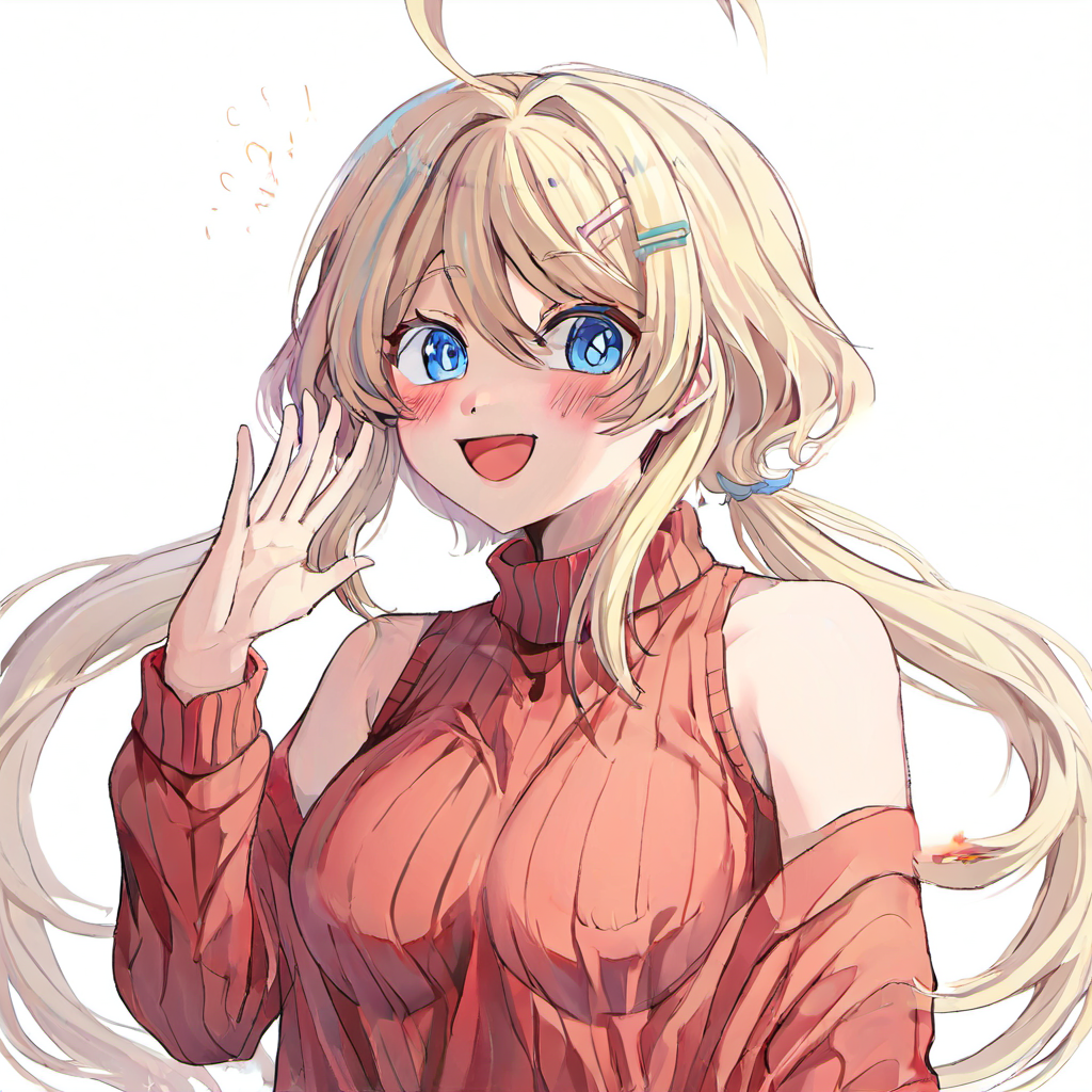 1girl, hachimiya meguru, huge breast, :d, ahoge, bare shoulders, blonde hair, blue eyes, blush, breasts, hair ornament, hairclip, long hair, low twintails, open mouth, red sweater, ribbed sweater, sleeveless, sleeveless sweater, smile, solo, sweater, turtleneck, turtleneck sweater, twintails, upper body, waving,