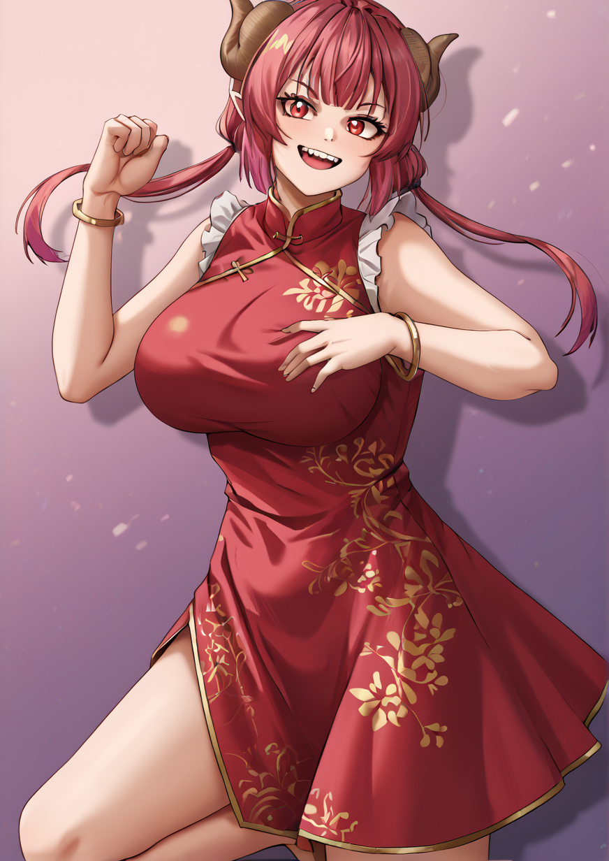 1girl, ilulu (maidragon), huge breast, alternate costume, bracelet, breasts, brown horns, china dress, chinese clothes, dragon girl, dragon horns, dress, horns, jewelry, long hair, looking at viewer, open mouth, pointy ears, red dress, red eyes, red hair, sharp teeth, sleeveless, sleeveless dress, smile, solo, standing, standing on one leg, teeth, twintails, upper teeth only, zPDXL3, handfixer <lora:HandFixer_pdxl_Incrs_v1:1> <lora:è¡èæfax61209:0.9>