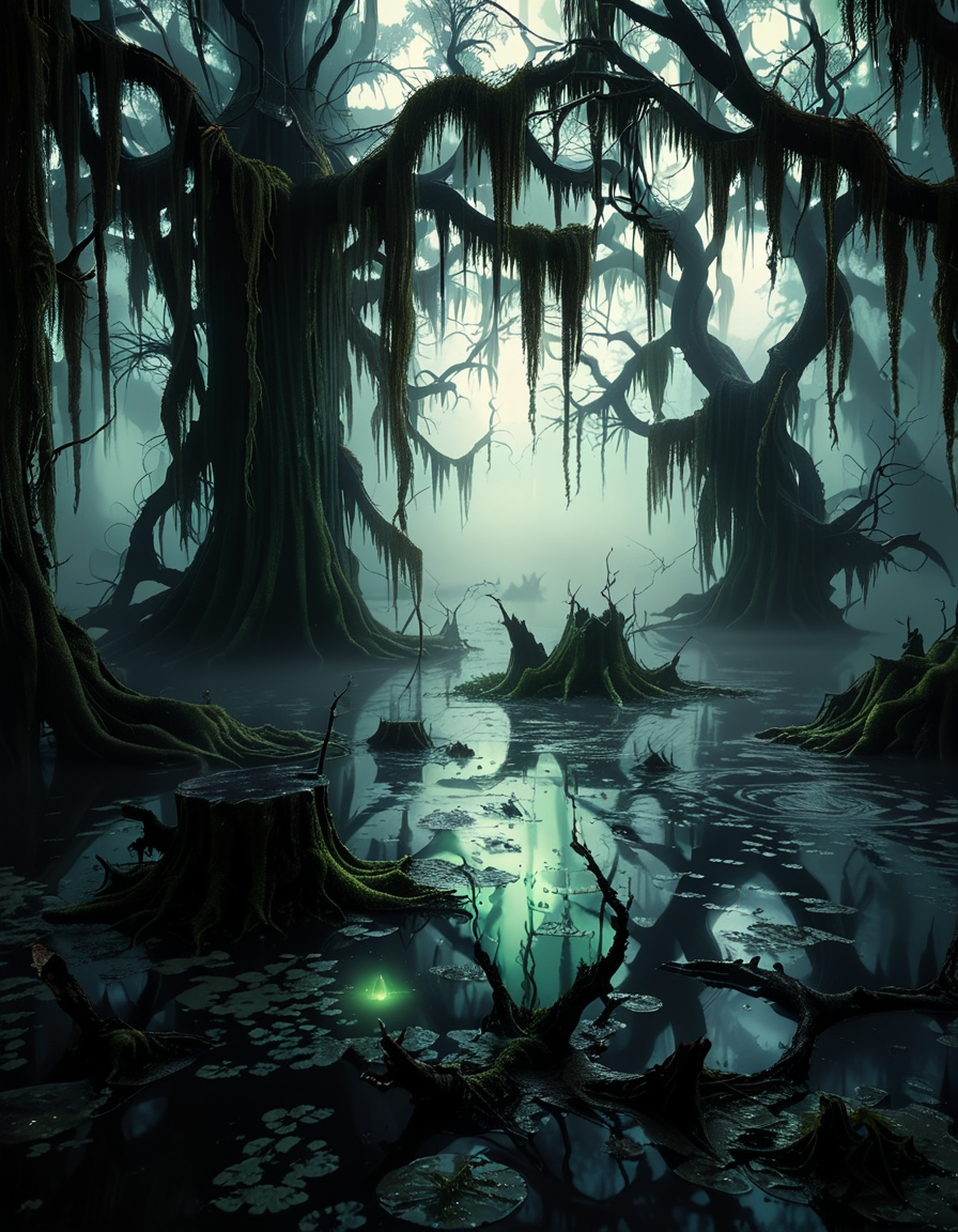 A demonic fairy woman sitting gracefully in an ominous swamp,0m1n0us sw4mp. She has a hauntingly beautiful appearance, with translucent, tattered wings resembling those of an insect, glowing faintly in a dark, eerie hue. Her skin is pale with subtle, intricate patterns like magical runes etched into it, and her eyes glow with an unsettling red or violet light. She wears an ethereal, dark gown made of shredded, otherworldly fabric that appears to flow like smoke, blending with the mist of the swamp. Her hair is long, wild, and black with streaks of silvery white, floating slightly as if affected by unseen magical energy.
The swamp around her is dark and foreboding, with twisted, gnarled trees reaching out like claws. The water is murky, reflecting a pale, sickly green glow from bioluminescent plants and fungi scattered throughout. The air is filled with a faint, ghostly mist, and strange, faint lights hover in the background, adding a mystical atmosphere. The lighting is dim, with a soft, ethereal glow illuminating the fairy woman from below, contrasting with the deep shadows of the swamp. The mood is dark, mysterious, and magical, evoking both beauty and menace.<lora:SDXLFaeTastic2400:0.4> <lora:extremely_detailed:0.4> extremely detailed, <lora:0m1n0us_sw4mp:1>, Masterpiece,best quality,hi res,8k,hi res,8k,award winning,(sharp focus, intricate, highly detailed),