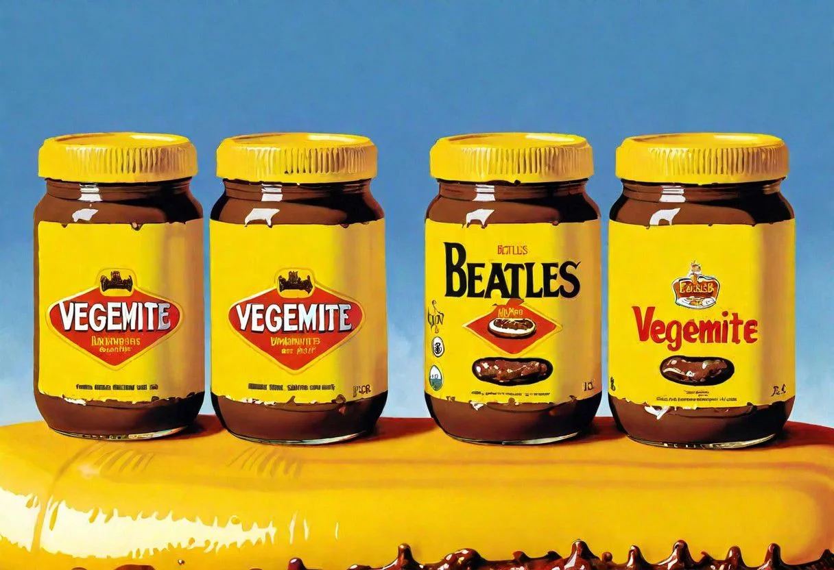 VegemiteArt, Beatles album cover by Peter Marks, Surrealism, Pop Art, Jars of Vegemite on a Yellow Submarine, OseaDuskIsland CS-OBG , 1960s album cover art, Vegemite spread memecore art FobEnd
