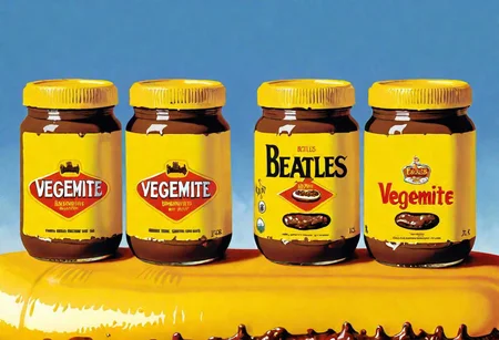 VegemiteArt, Beatles album cover by Peter Marks, Surrealism, Pop Art, Jars of Vegemite on a Yellow Submarine, OseaDuskIsland CS-OBG , 1960s album cover art, Vegemite spread memecore art FobEnd