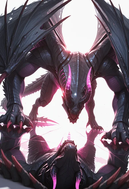 (incredibly_absurdres, amazing_background, best quality, dramatic_lighting, rim_lighting, cinematic_lighting, shadow, reflection, backlighting, neon_lights, detailed_background, dynamic_angle, motion_blur, depth_of_field, dutch_angle, perspective, sparkle, glowing, surreal)
(ss-illu gore_magala, claws, teeth, tail, horns, no humans, solo, white background, masterpiece, best quality, good quality, full body, wings, no eyes)