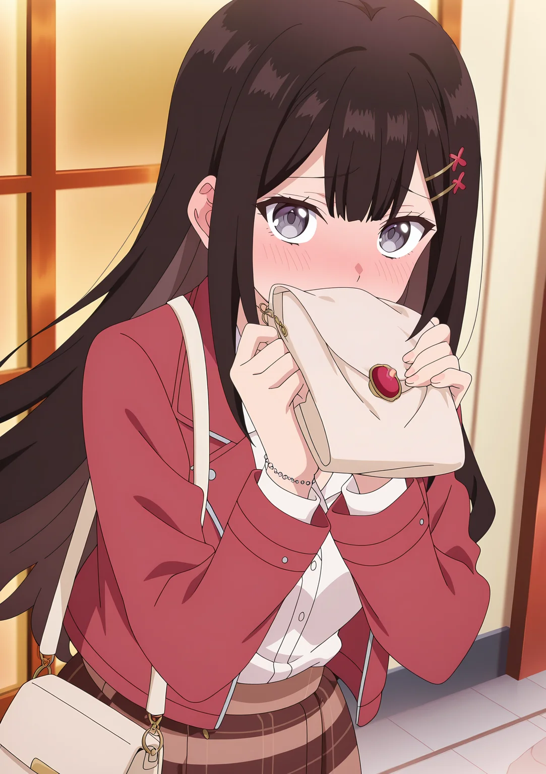 detailed background, official style,anime coloring, (anime screencap) masterpiece, detailed face,1girl <lora:Rion_Enomoto:0.8>Rion, hair ornament, long hair, blush, solo, jacket, hairclip, dark brown hair, skirt, bag, covering mouth, brown skirt, plaid skirt, red jacket, looking at viewer, shirt, grey eyes, jewelry, bangs, white shirt, handbag