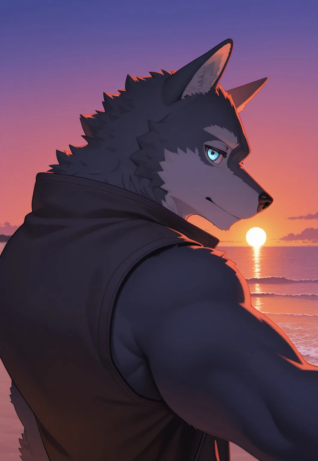 wolf ,solo, furry, male,close up, reaching, upper body, sunset, (sleeveless jacket), looking at viewer, close up, beach, side view,detailed eyes, nice eyes,
,2024, 2023, 2022, r4cc00n21, masterpiece,best quality,amazing quality,