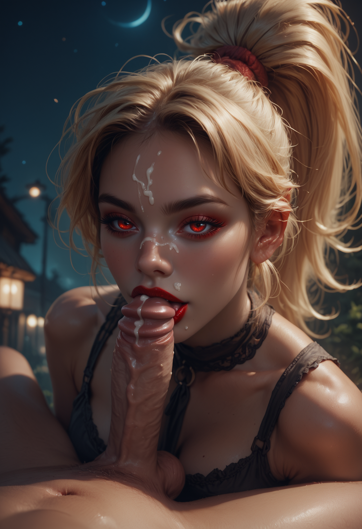 score_9, score_8_up, score_7_up, score_7, score_6_up, score_5_up, 1 man, 1 woman, by night, reij-cckwrshp02 <lora:cockworship02-000003:1>, high ponytail, blonde, red eyes