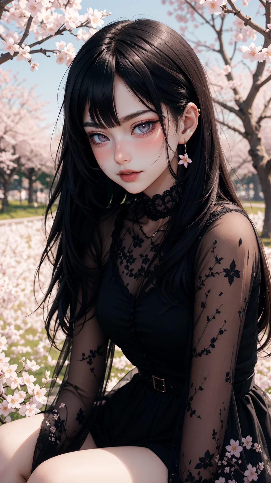 <lora:G_G2.0:0.7> Goth girl, Goth girl 1girl, Beautiful girl in black dress, cherry blossoms, peaceful expression, sitting pose, soft pastel colors, detailed illustration, springtime, high detail, digital art