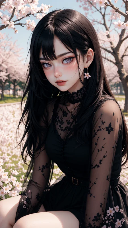 <lora:G_G2.0:0.7> Goth girl, Goth girl 1girl, Beautiful girl in black dress, cherry blossoms, peaceful expression, sitting pose, soft pastel colors, detailed illustration, springtime, high detail, digital art