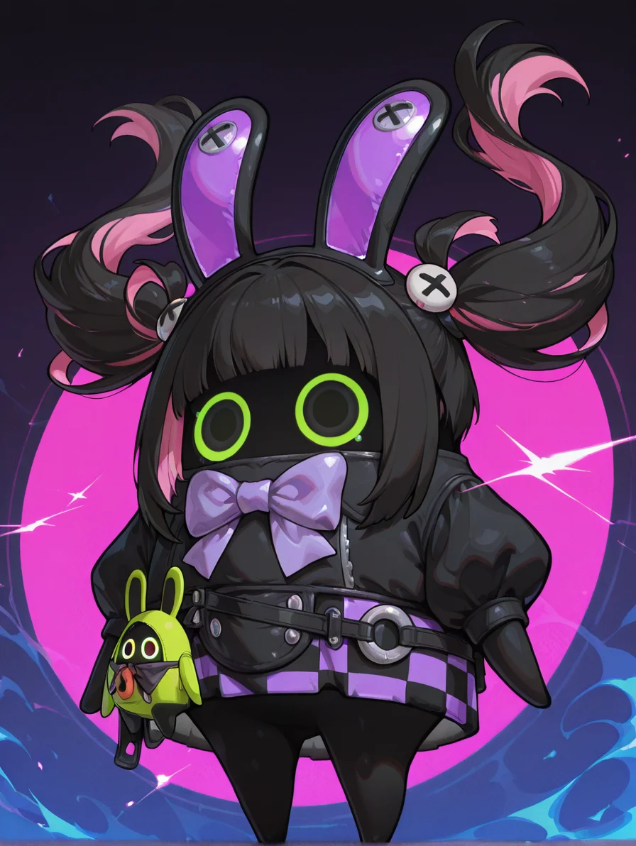 masterpiece,best quality,amazing quality,<lora:Bangboo Illust:1>,no humans,
bangboo,standing,
black hair,long hair,twintails,blunt bangs,sidelocks,two-tone hair,pink inner hair,
circular eyes,checkered skirt,puffy sleeves,purple bow,
full body,dynamic pose,