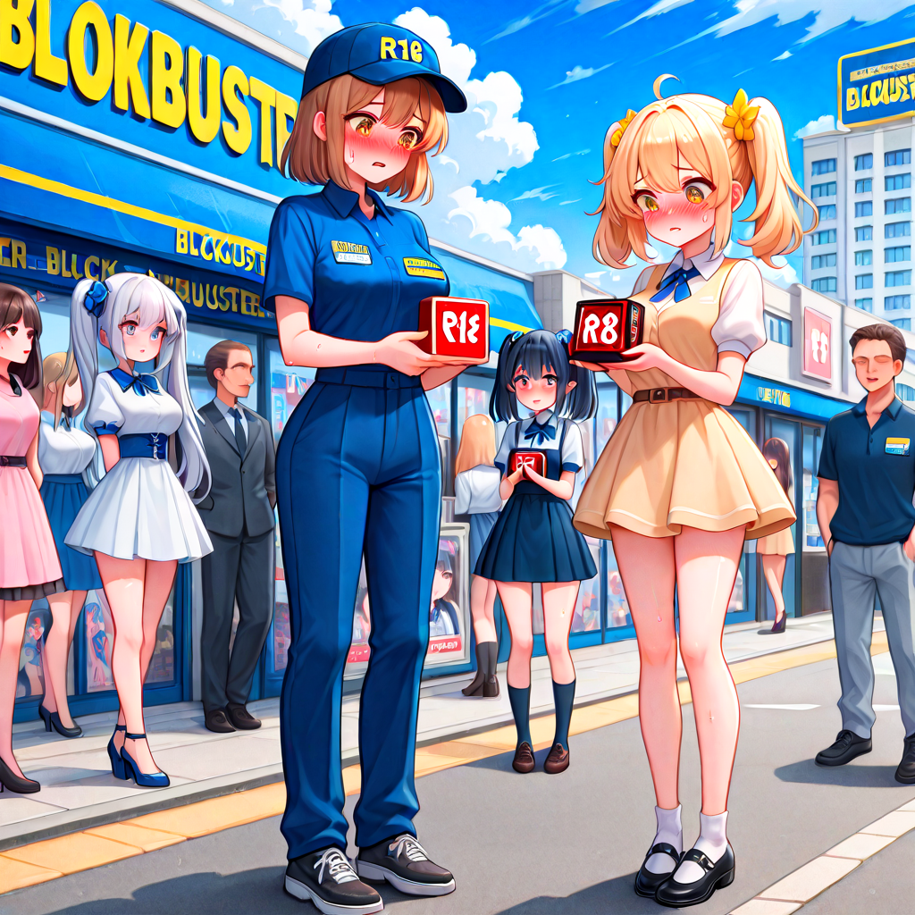 absurdres, explicit, blockbuster, storefront, R18 dvd case, holding, 2girls, a petite female, shy, blush, unhappy, angry, sweat, breasts, parted lips, twintails, short dress, a tall female, pants, employee uniform, height difference, glass wall, full body, road, shoes, signboard, R18 text poster, street, crowd, people, 6+girls, 6+boys, outdoor, sky, cloudy sky, looking down, <lora:girllikeblockbuster_ilxl:1>