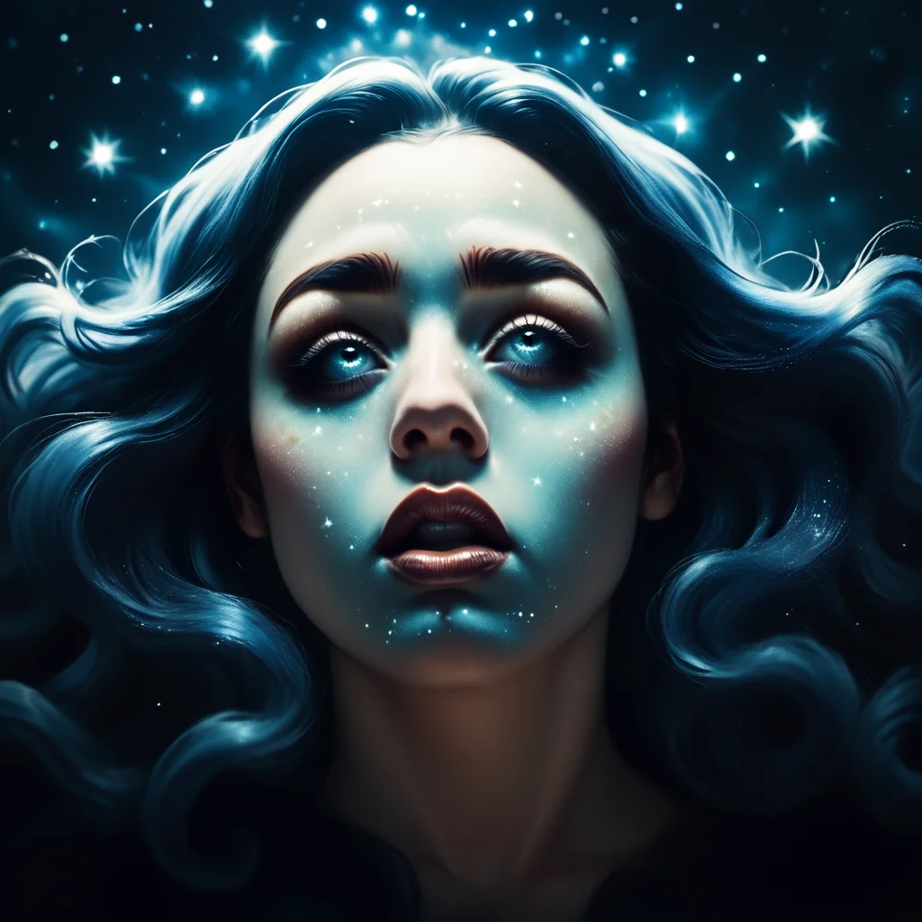 core_9, score_8_up, score_7_up, score_6_up, <lora:Geometric_Dreamlike_MoviePony:1> 1girl, solo, blue theme, monochrome, lips, nose, open mouth, star (sky), looking up, portrait, ArsMovieStill, A dreamlike movie still, The image is a digital art piece that appears to be a portrait of a woman's face. The woman's head is tilted slightly to the side with her eyes closed and her head tilted upwards. She has long wavy hair that is flowing in the wind. The background is dark and filled with small white dots creating a starry night sky. The overall mood of the image is dreamy and ethereal. The image has a dark and mysterious feel to it.