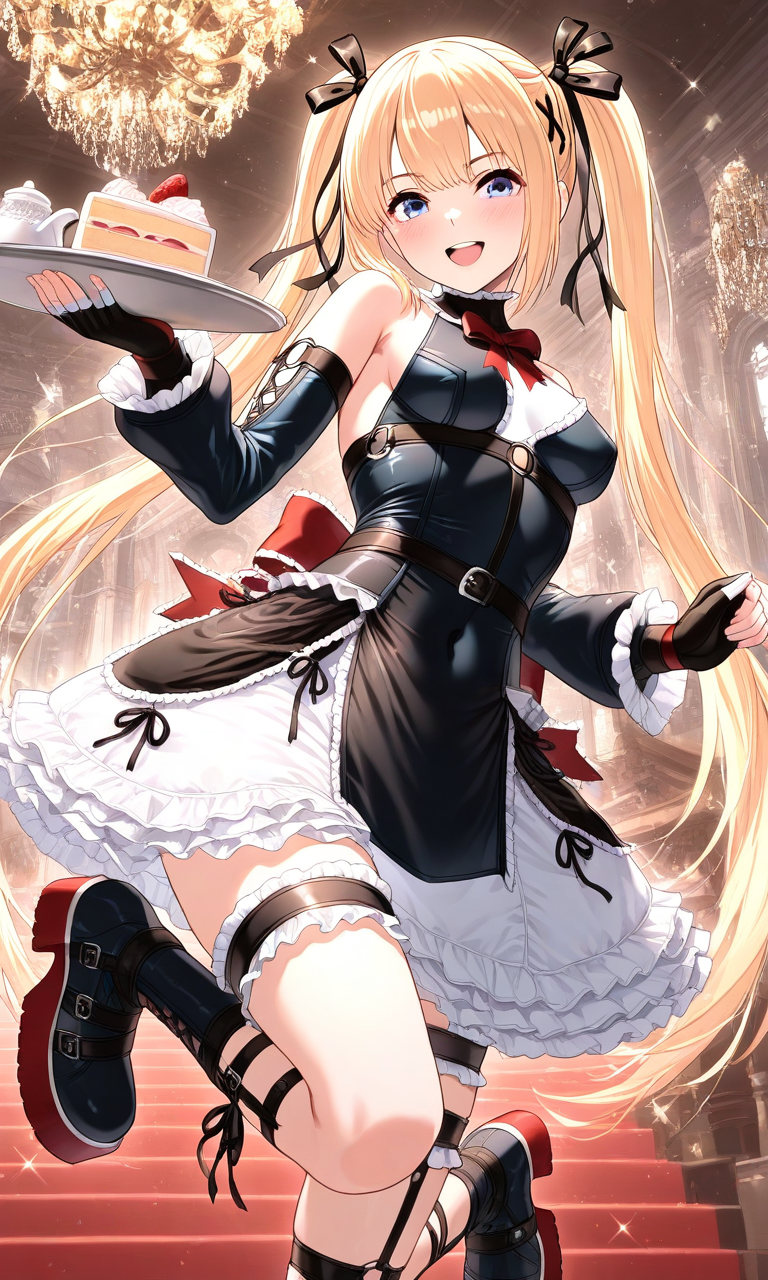 general,highres, ultra-detailed,very aesthetic,best quality ,best hands, BREAK  <lora:Marie_Rose_DOA_IS:1>
Marie_Rose(DOA), 1girl, solo, blonde hair, marie rose, twintails, very long hair, hair ribbon, black ribbon, blue eyes, x hair ornament, bangs, medium breasts, 
choker, harness, frilled dress, gothic dress, two-tone dress, detached sleeves, frilled sleeves, 
black gloves, fingerless gloves, thigh strap, black boots, platform boots, excited, smile, holding tray, slice of cake, looking at viewer, mansion, chandelier, teapot,