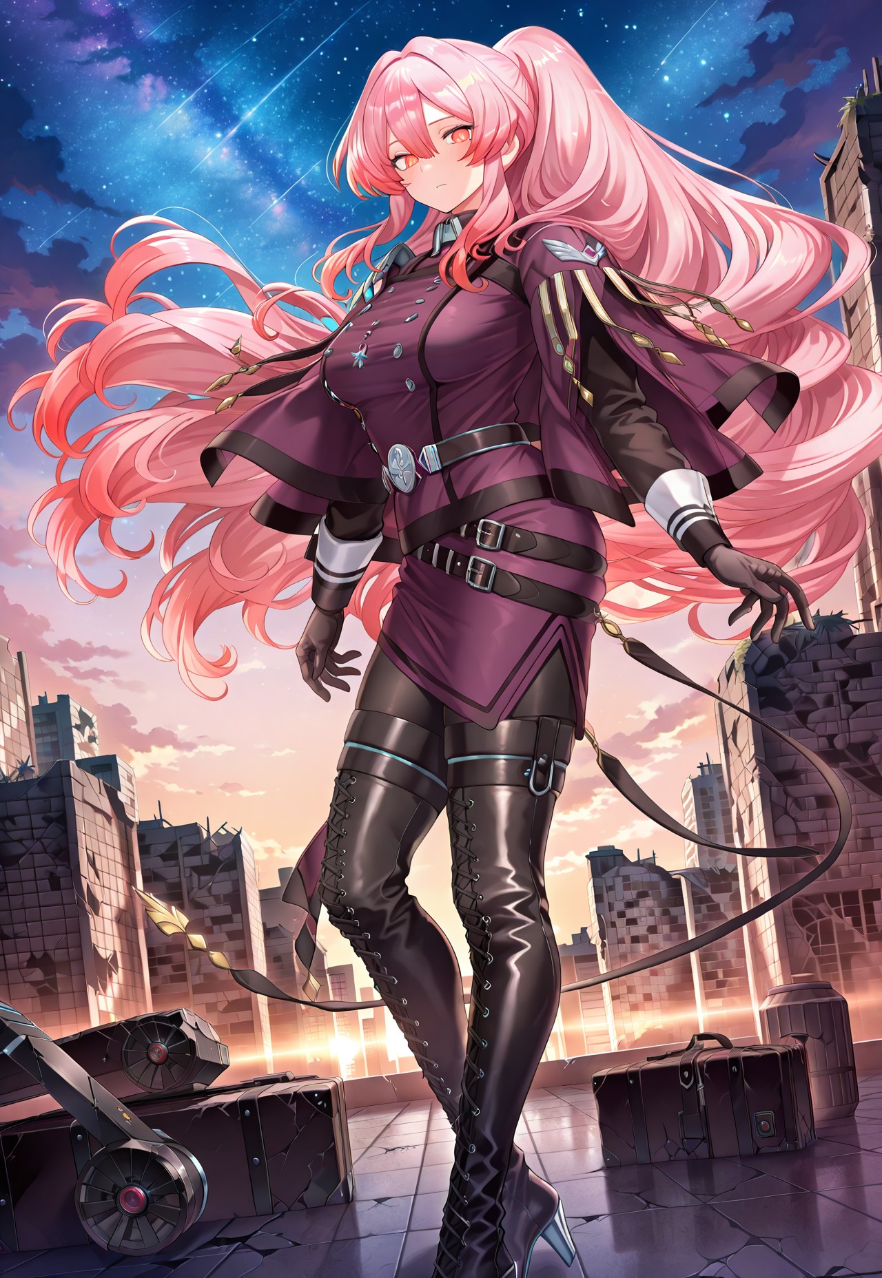 exosister martha,1girl,official art,solo,ruins,cityscape,looking at viewer,starry sky,large breasts,full body,outdoors,floating hair,standing,purple military dress uniform,purple capelet,black gloves,black pantyhose,black cross-laced thigh boots,from side,
masterpiece,best quality,amazing quality,very aesthetic,absurdres,newest,<lora:Exosister Martha illusXL v1:0.7>,shiny clothes, bodysuit, black bodysuit, skin tight, neon trim,science fiction,