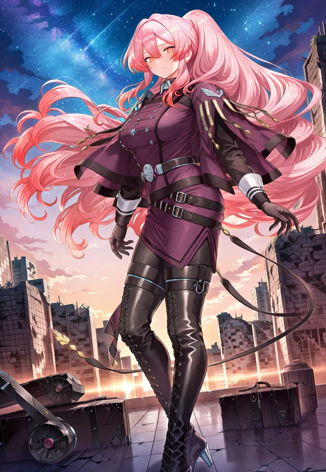 exosister martha,1girl,official art,solo,ruins,cityscape,looking at viewer,starry sky,large breasts,full body,outdoors,floating hair,standing,purple military dress uniform,purple capelet,black gloves,black pantyhose,black cross-laced thigh boots,from side,
masterpiece,best quality,amazing quality,very aesthetic,absurdres,newest,<lora:Exosister Martha illusXL v1:0.7>,shiny clothes, bodysuit, black bodysuit, skin tight, neon trim,science fiction,