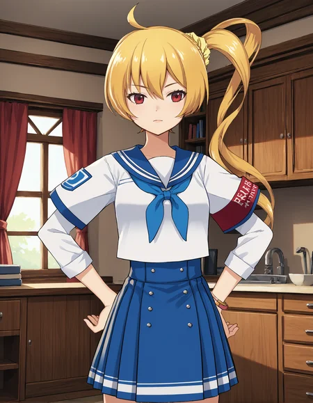 score_9, score_8_up, source_anime, 1girl, upper body, medium shot, detailed, mgrcmidoriryou, 1girl, standing, upper body, medium shot, blonde hair, ahoge, side ponytail, red eyes, yellow scrunchie, white shirt, blue sailor collar, blue neckerchief, red armband, short over long sleeves, blue pleated skirt, pink bracelet, hand on hip, indoors, cabinet, (side view:0.7), <lora:mgrcmidoriryou_XL:0.9>