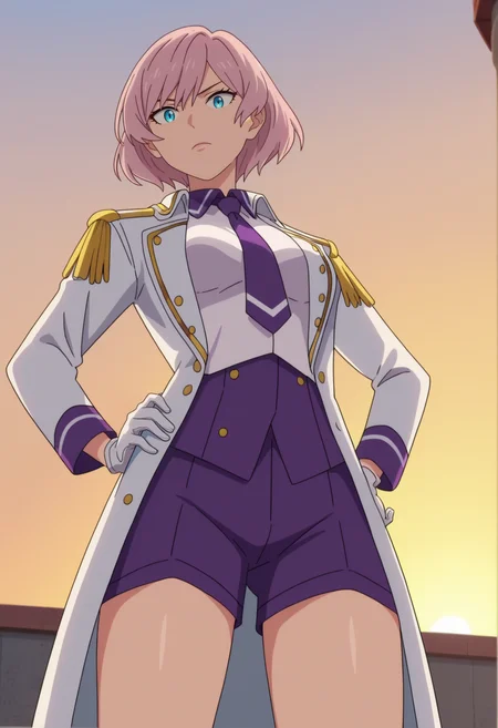 score_9, score_8_up, score_7_up, anime screencap, source_anime, 1girl, solo,
<lora:Mujina_SSSS.Dynazenon_V2:.85>, KJOmujina, short hair, pink hair, blue eyes, thick thighs,
navy coat, long sleeves, white gloves, purple shorts, white collared shirt, purple collar, purple tie, 
hand on own hip, serious, looking at viewer, from below, dutch angle, 
rooftop, sunset,
(Beautiful, medium Breasts:1.2), natural breasts,