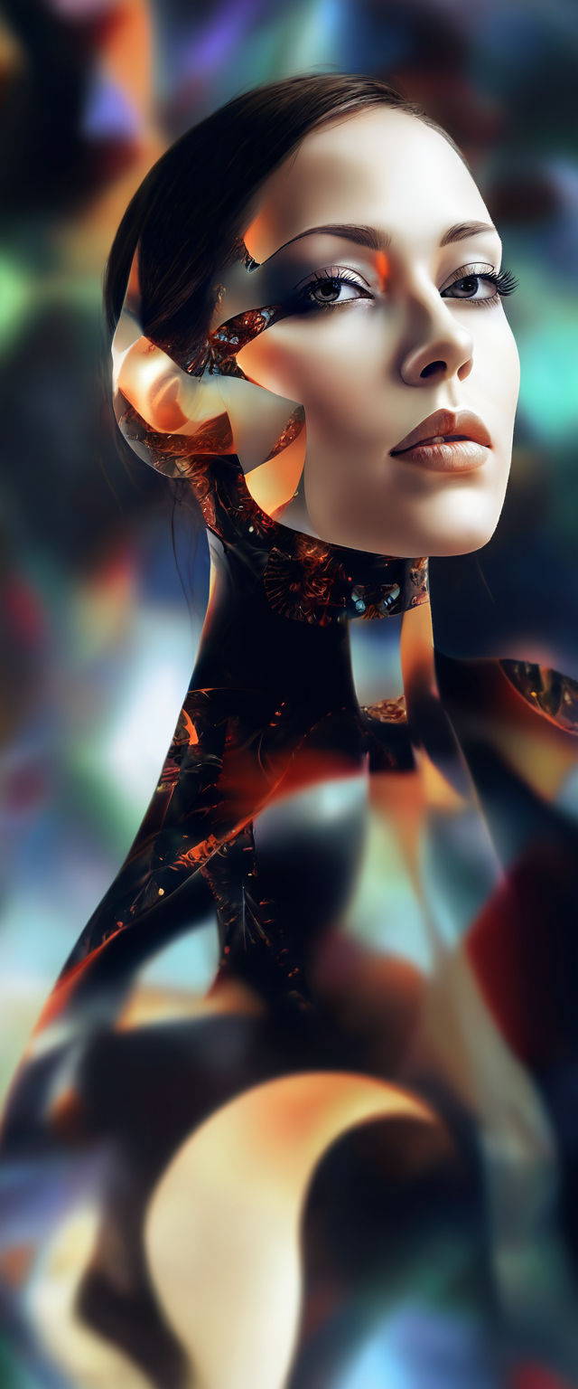 cyborg, woman, kaleidoscope, fractal <lora:sd_xl_offset_example-lora_1.0:-0.35> <lora:Projext_X2:-1.2> <lora:Astigmatism_-0.5b:-0.5>